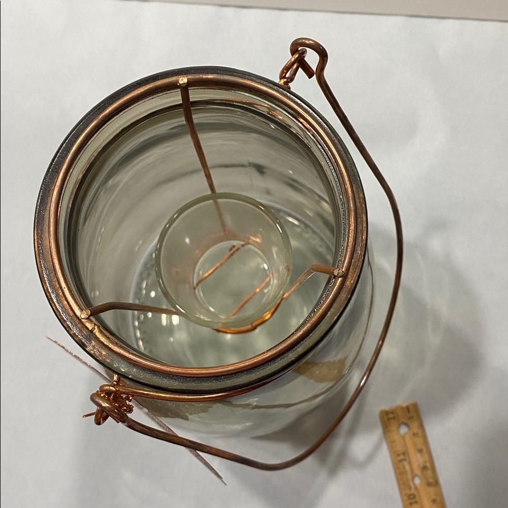 Tall Large smoky Glass votive lantern rose gold accent leaf and wired handle - Picture 3 of 7